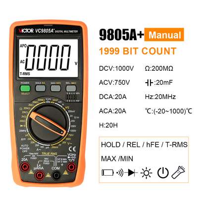 VICTOR VC9805A+1999 ((3 1/2) True RMS 디지털 멀티미터 검사기 저항 측정 AC DC 1000V 20A 볼트 미터 암페미터