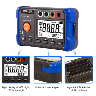 AC True RMS Digital Earth Resistance Tester 3 Pole 4 Pole Method Measurement